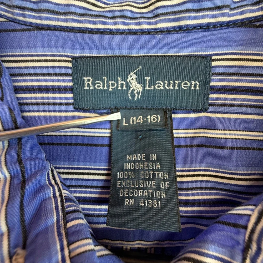 Ralph Lauren Button Down Shirt Kids L 14-16 Blue Striped Casual Long‎ Sleeve